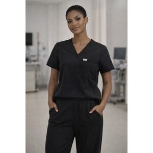 FIGS Black Technical Collection Scrub Top V Neck Short Sleeve Womens XS